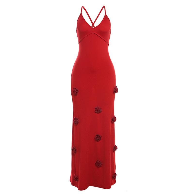V neck flower applique cross back cami maxi dress  | Festival Outfits Women