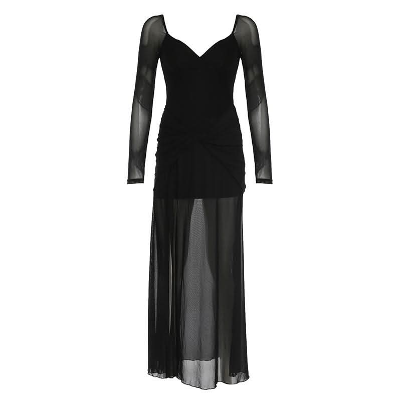 V neck long sleeve slit mesh maxi dress