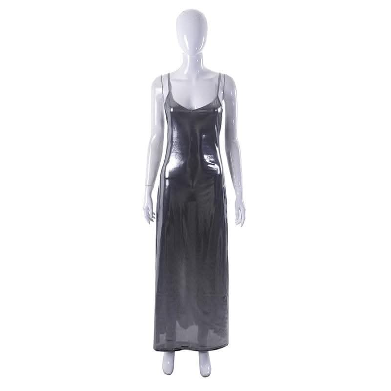 Metallic v neck backless solid low cut cami maxi dress-final-sale  | Festival Outfits Women