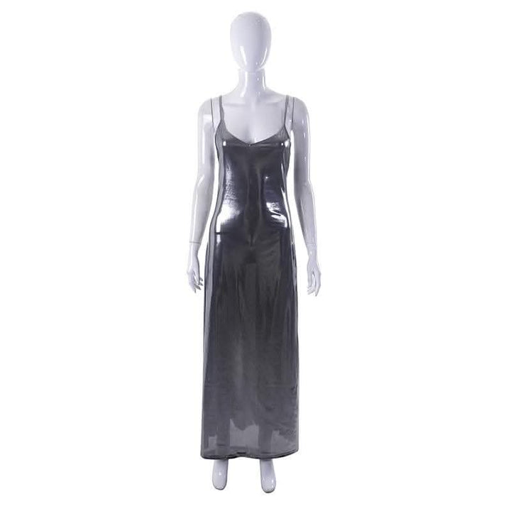 Metallic v neck backless solid low cut cami maxi dress-final-sale  | Festival Outfits Women