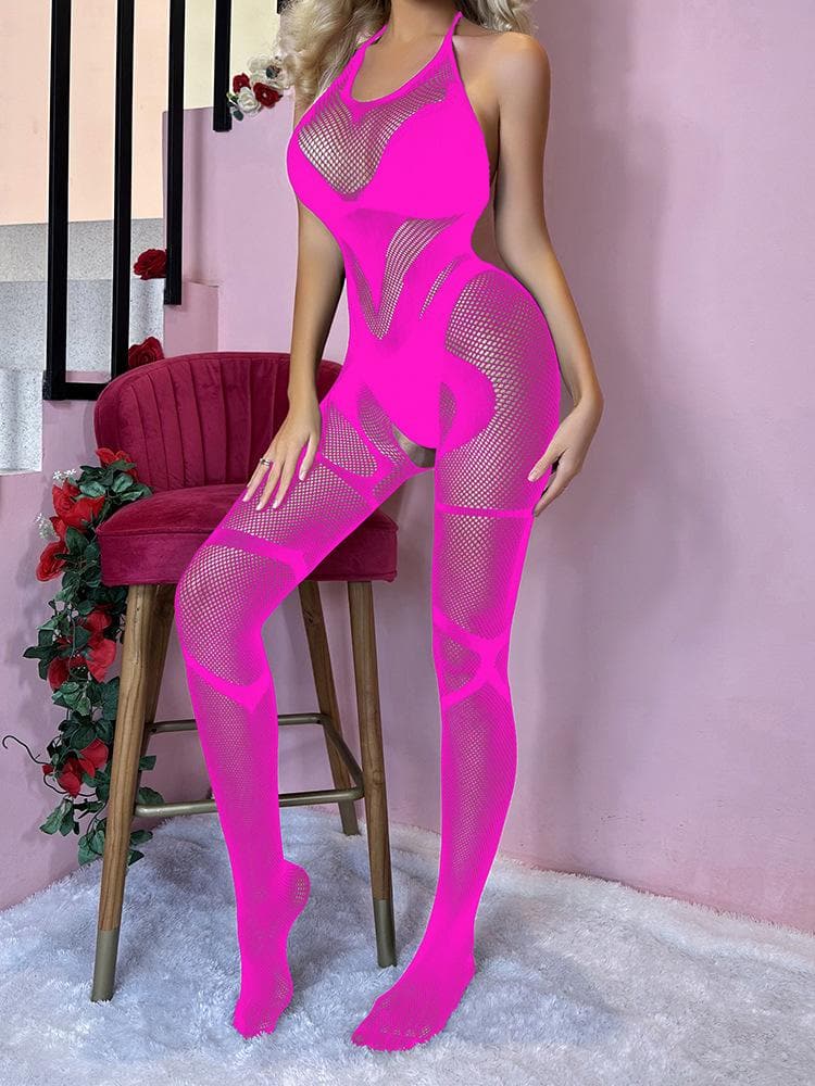 Halter backless fishnet open crotch bodystocking  | Festival Outfits Women