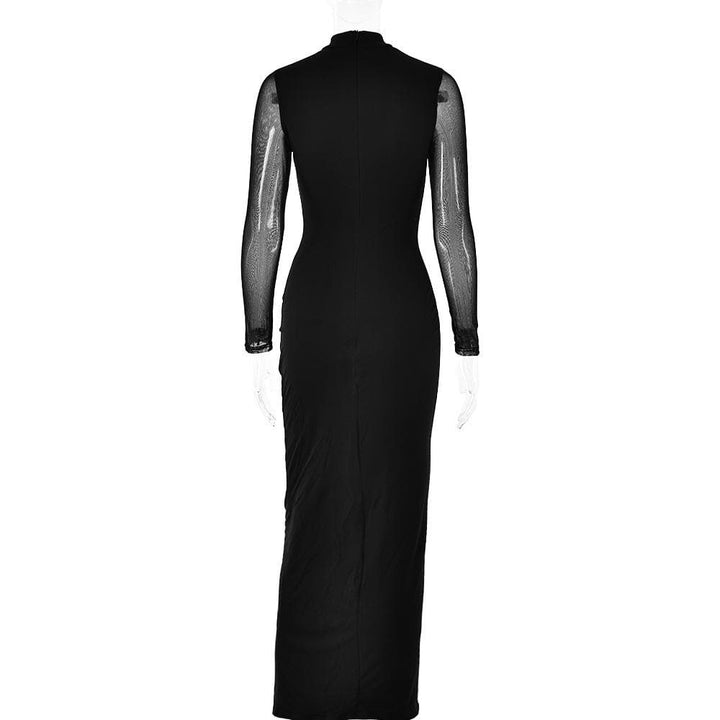 Long sleeve ruched mesh patchwork maxi dress  | Festival Outfits Women