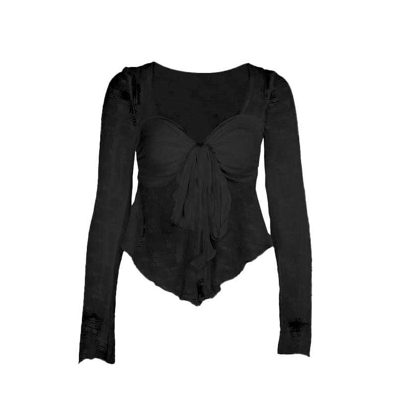 Long sleeve knotted flower pattern top  | Festival Outfits Women-final-sale