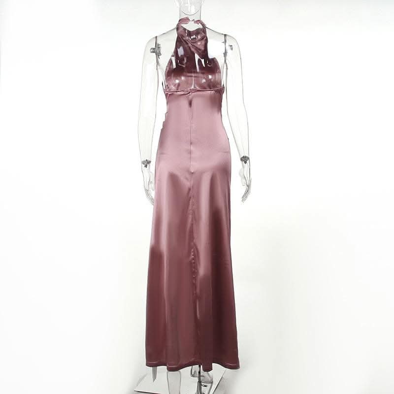 Ruched solid satin zip-up halter backless slit maxi dress-final-sale  | Festival Outfits Women