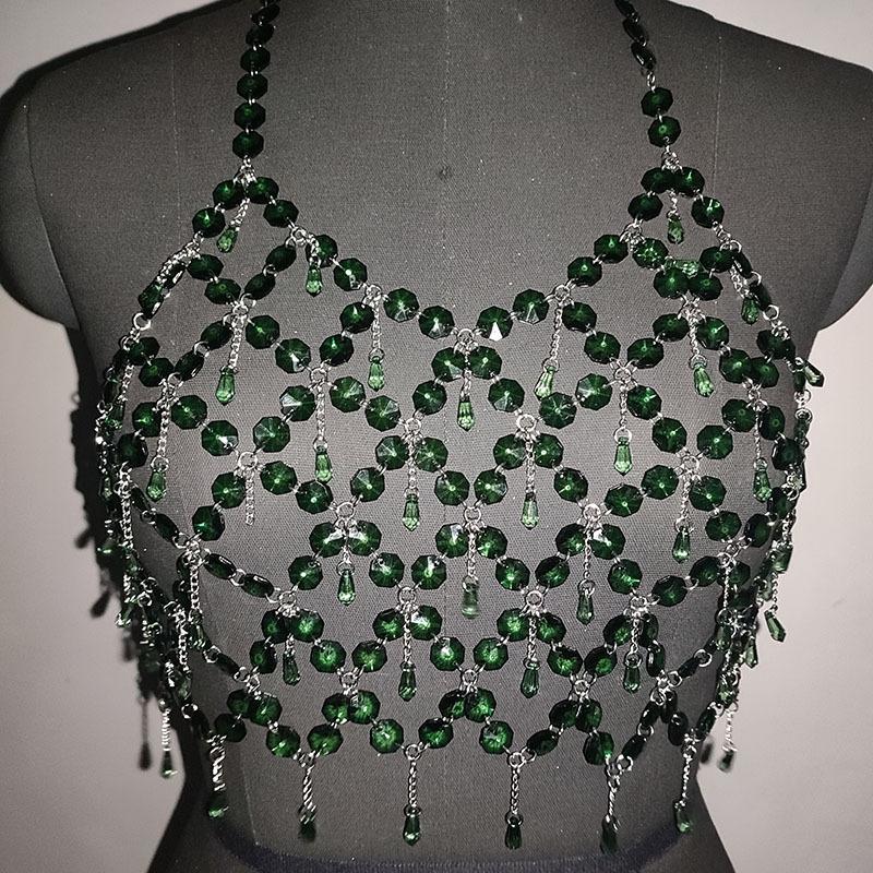 Metal chain plastic crystal halter backless crop top  | Festival Outfits Women