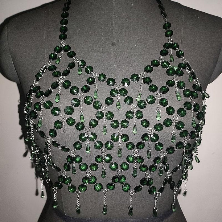 Metal chain plastic crystal halter backless crop top  | Festival Outfits Women