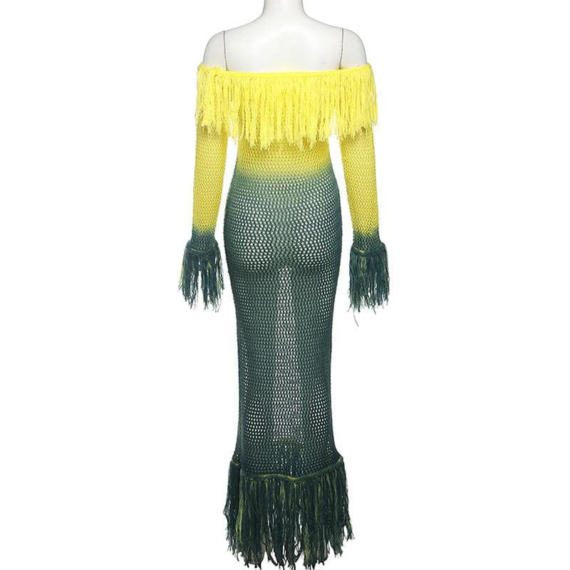 Crochet tassels off shoulder contrast long sleeve maxi dress-final-sale  | Festival Outfits Women