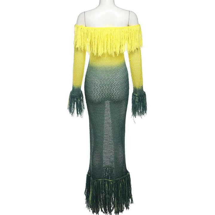 Crochet tassels off shoulder contrast long sleeve maxi dress-final-sale  | Festival Outfits Women