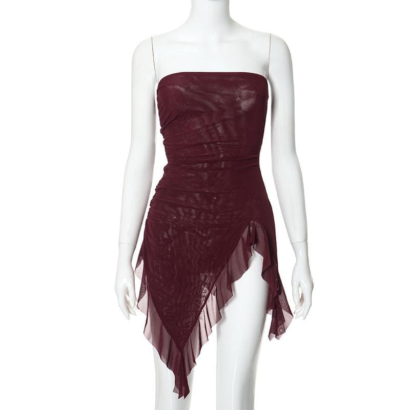 Sheer mesh ruffle ruched tube mini dress-final-sale