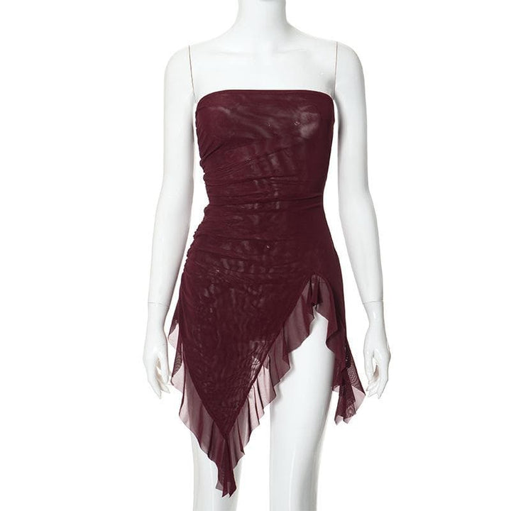 Sheer mesh ruffle ruched tube mini dress-final-sale
