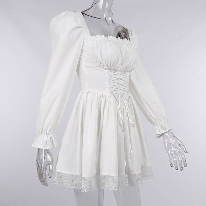 Long sleeve smocked lace up lace hem mini dress  | Festival Outfits Women