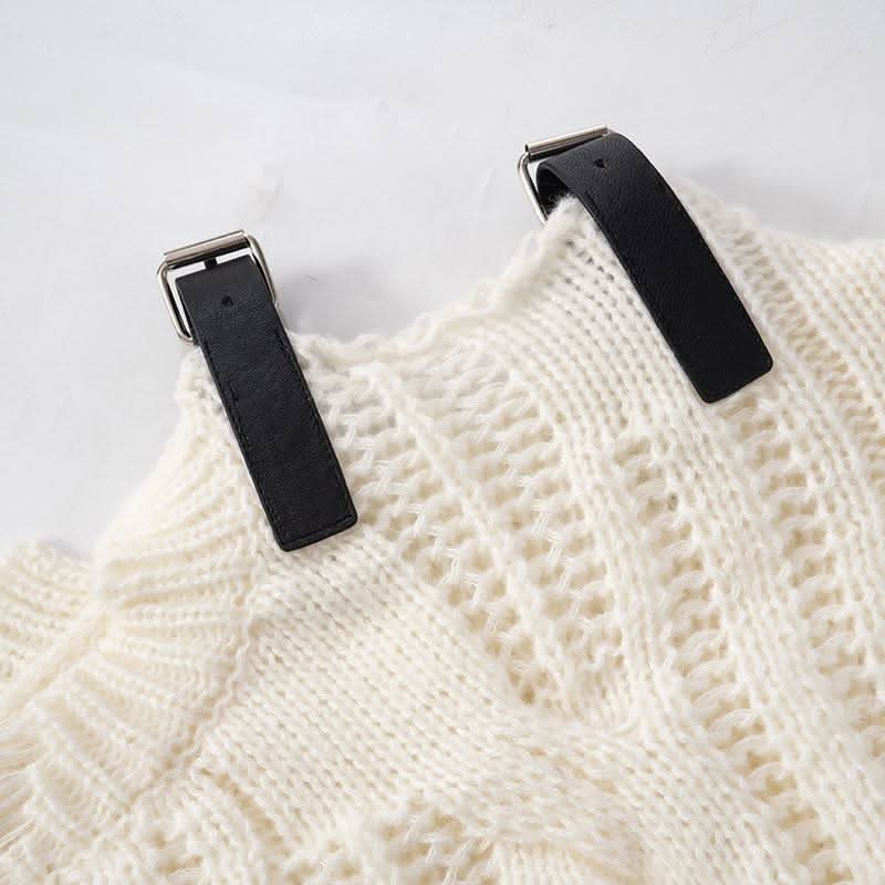 Long sleeve buckle knitted hollow out cut out top  | Festival Outfits Women-final-sale