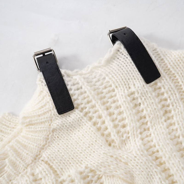 Long sleeve buckle knitted hollow out cut out top  | Festival Outfits Women-final-sale