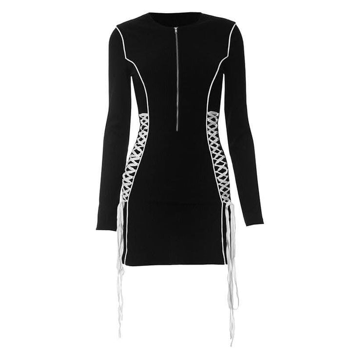 Crewneck long sleeve zip-up lace up contrast mini dress-final-sale  | Festival Outfits Women