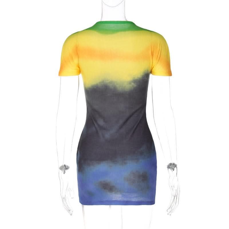 Tie dye contrast short sleeve crewneck mini dress- Final Sale-final-sale  | Festival Outfits Women