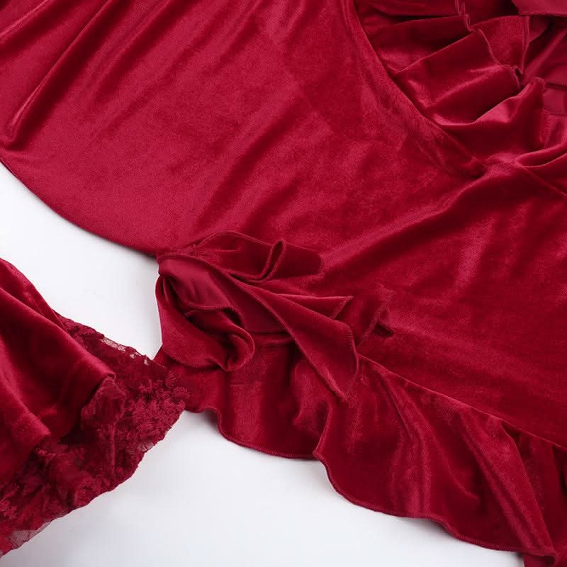 Long flared sleeve velvet ruffle slit midi dress  | Festival Outfits Women