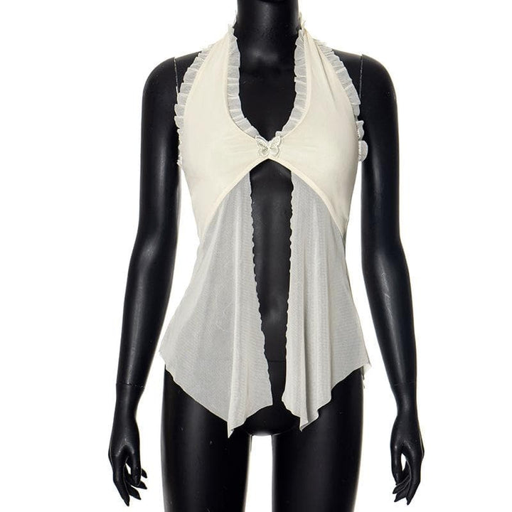 Halter lace hem ruffle butterfly embroidery mesh top  | Festival Outfits Women