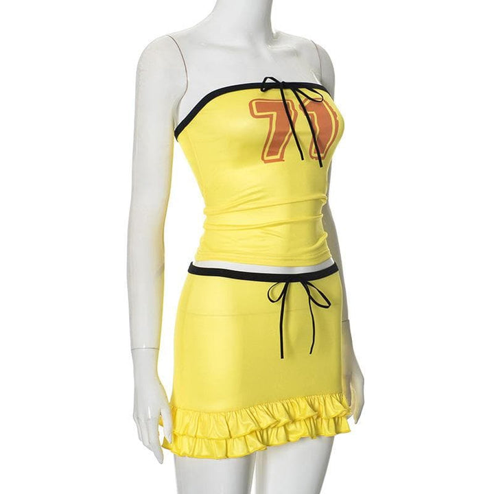 Halter knotted "71" print ruffle tube mini skirt set  | Festival Outfits Women-final-sale