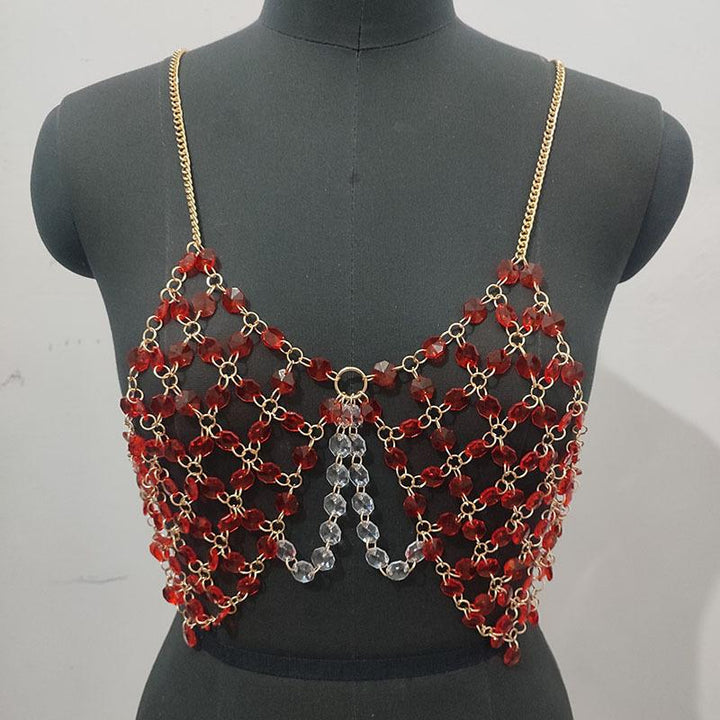 Beaded metal chain u neck backless layered cami top  | Festival Outfits Women