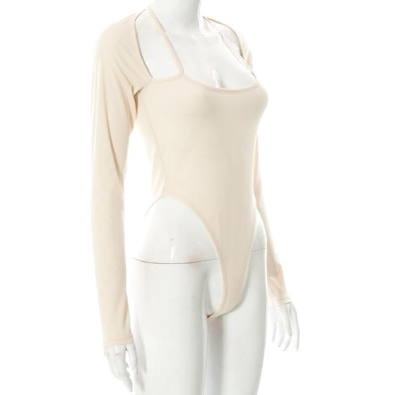 Halter solid ribbed long sleeve low cut bodysuit-final-sale  | Festival Outfits Women