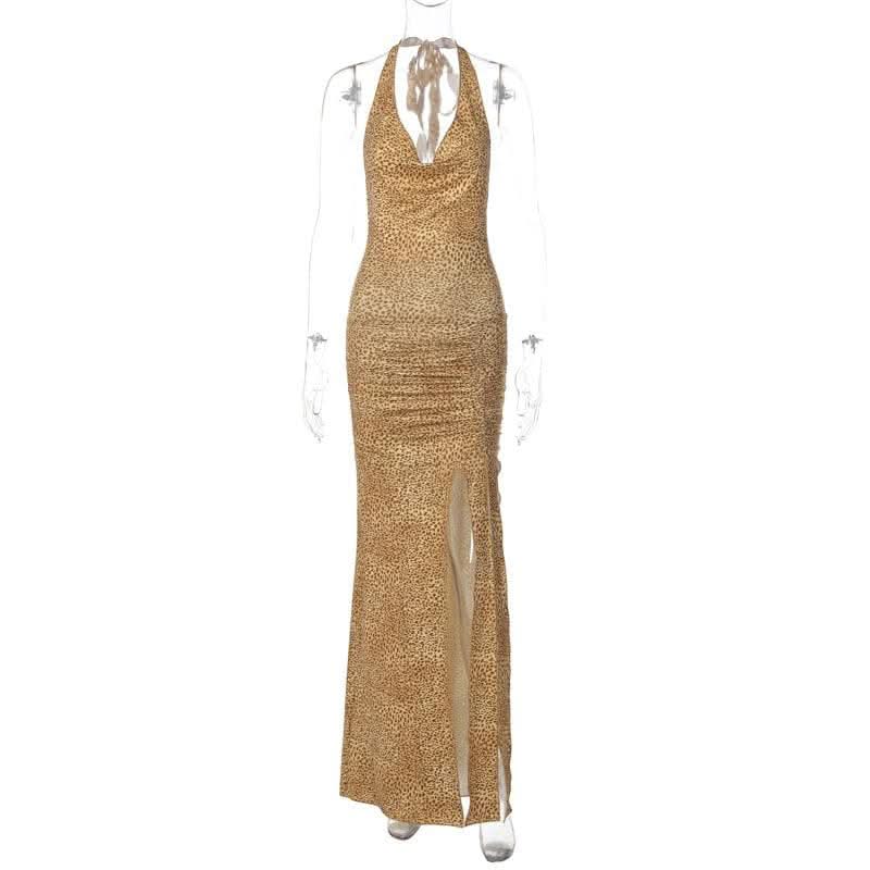 Halter cowl neck print high slit ruched maxi dress-final-sale  | Festival Outfits Women