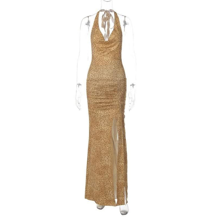 Halter cowl neck print high slit ruched maxi dress-final-sale  | Festival Outfits Women