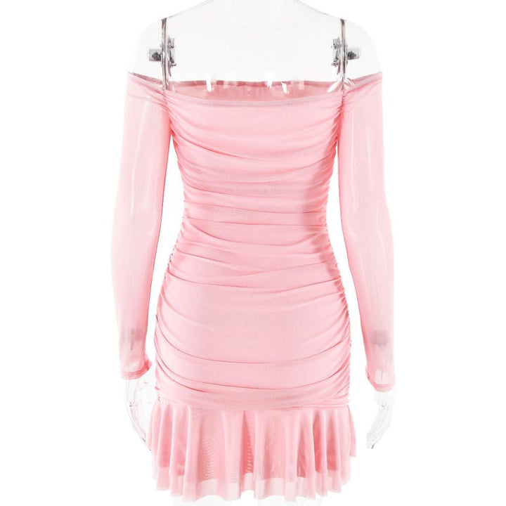Long sleeve off shoulder ruched mesh mini dress  | Festival Outfits Women