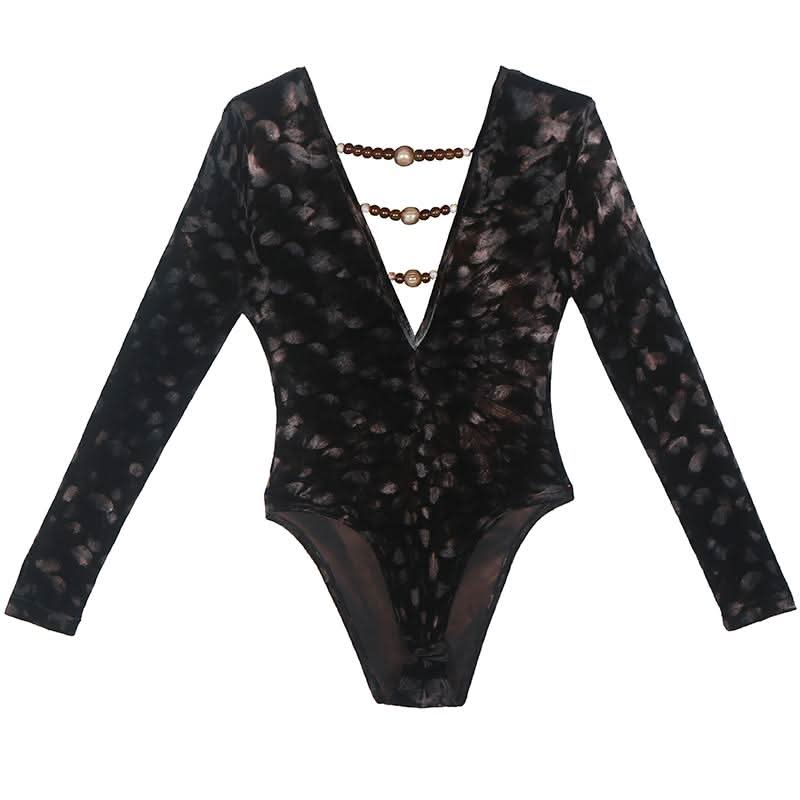 Long sleeve deep V neck beaded mesh bodysuit  | Festival Outfits Women