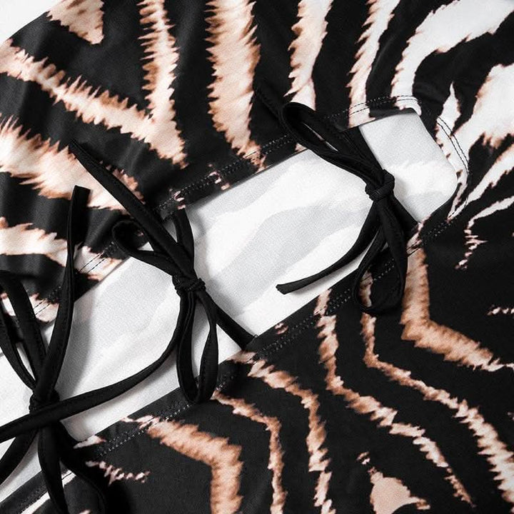 Backless self tie long sleeve tiger print contrast midi dress-final-sale  | Festival Outfits Women