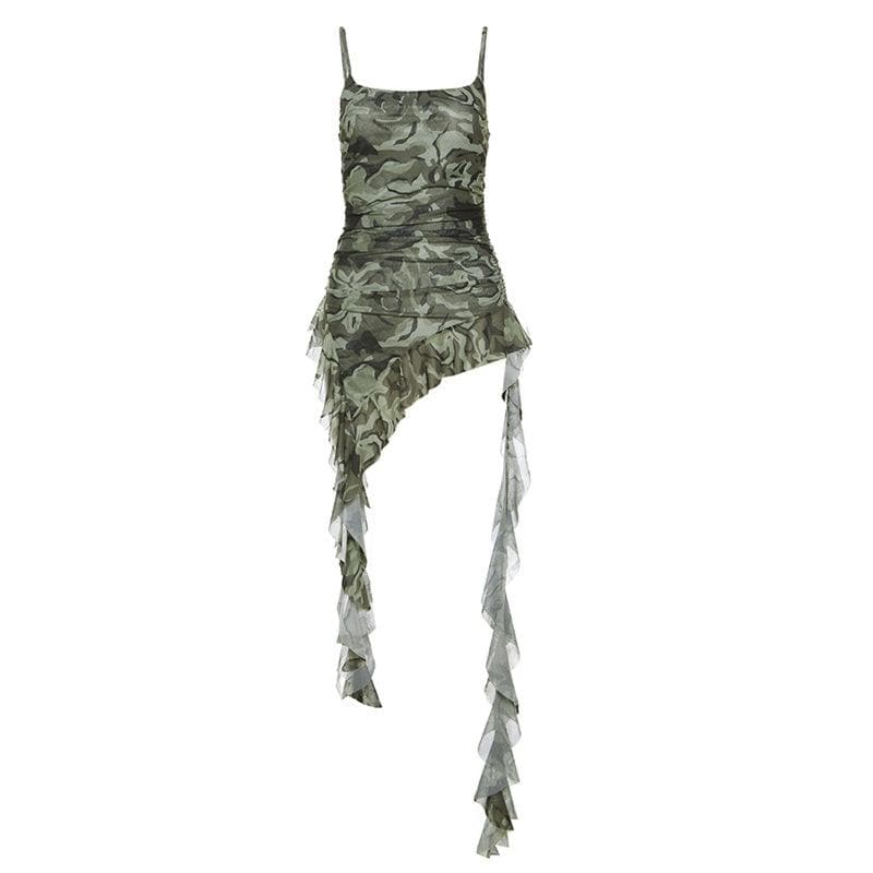 Camouflage ruffle irregular ruched cami top-final-sale