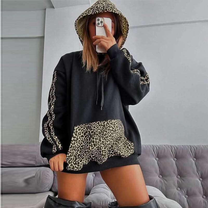 Hoodie long sleeve leopard print pocket top  | Festival Outfits Women  | Cheetah Print Top