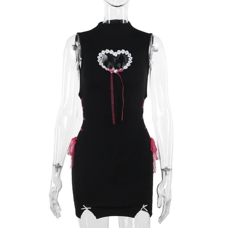High neck heart pattern hollow out lace up cut out mini dress-final-sale  | Festival Outfits Women
