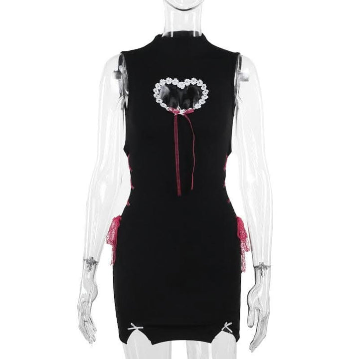 High neck heart pattern hollow out lace up cut out mini dress-final-sale  | Festival Outfits Women