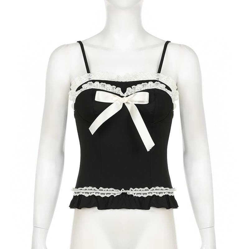 Kaya mai kama da lace hem ruffle bowknot contrast cami top | Kayan Biki na Mata