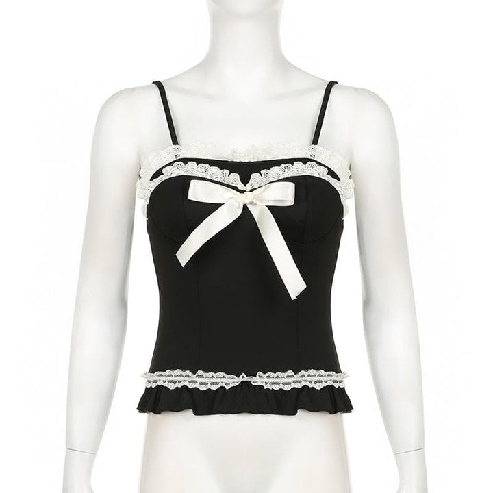 Kaya mai kama da lace hem ruffle bowknot contrast cami top | Kayan Biki na Mata