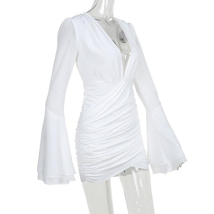 V neck long flared sleeve ruched irregular solid mini dress-final-sale  | Festival Outfits Women