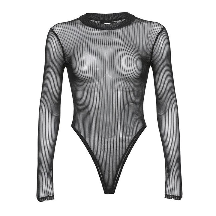 Long sleeve sheer mesh striped bodysuit  | Festival Outfits Women