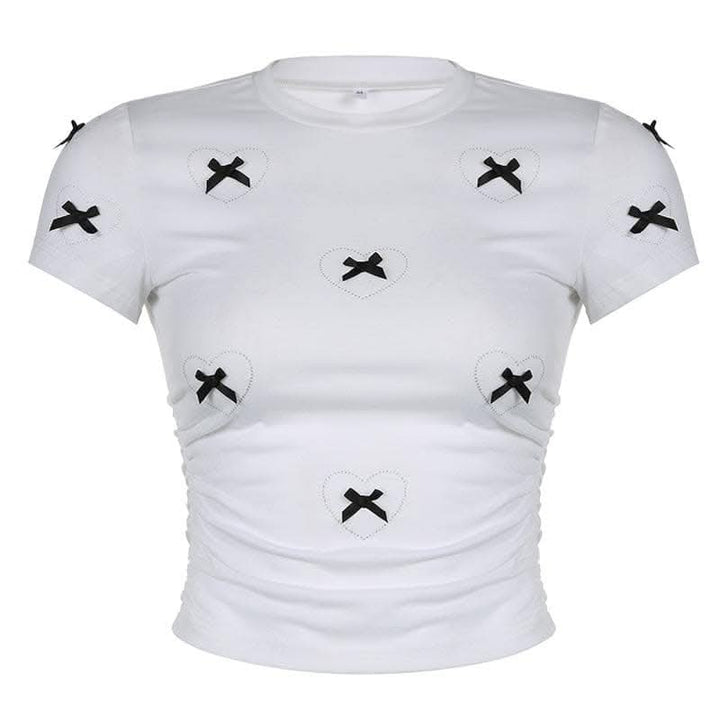 Short sleeve bowknot beaded ruched top-final-sale