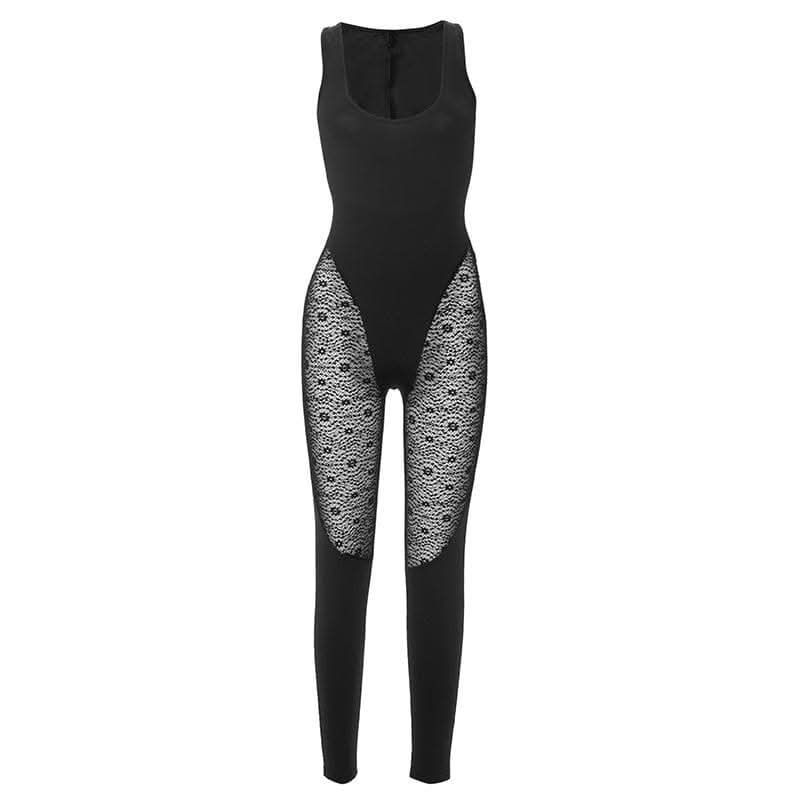 U neck sleeveless lace patchwork solid jumpsuit-final-sale  | Festival Outfits Women