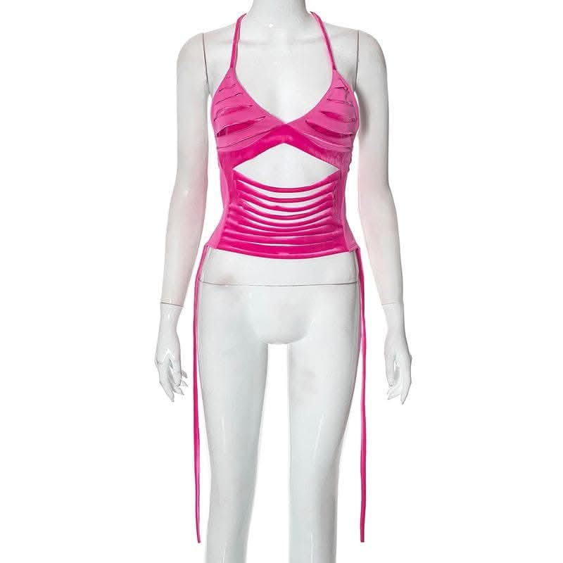 Hollow out self tie halter backless v neck crop top-final-sale  | Festival Outfits Women