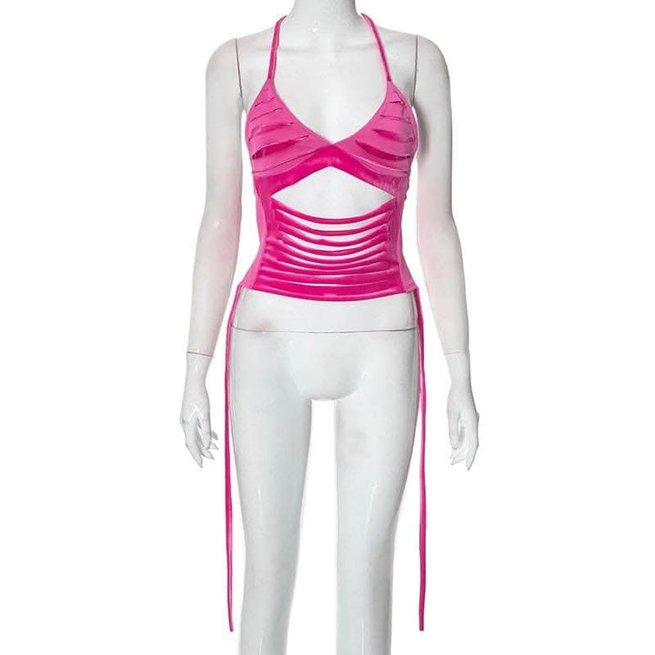 Hollow out self tie halter backless v neck crop top-final-sale  | Festival Outfits Women