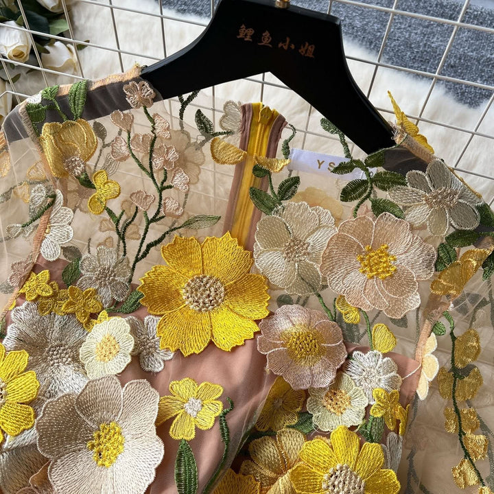 Crewneck short sleeve flower embroidery zip-up maxi dress  | Festival Outfits Women