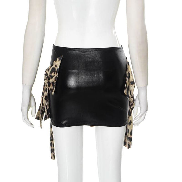Leopard print bowknot PU leather contrast mini skirt Cargo Mini Skirt  | Festival Outfits Women  | Leopard Print Mini Dress