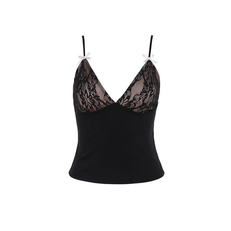 Bowknot deep V neck backless lace cami top  | Festival Outfits Women