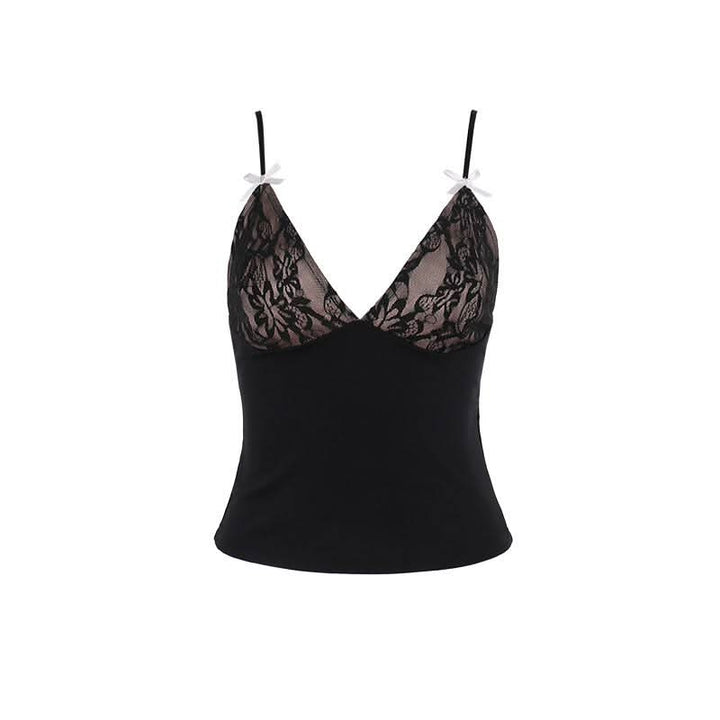 Bowknot deep V neck backless lace cami top  | Festival Outfits Women