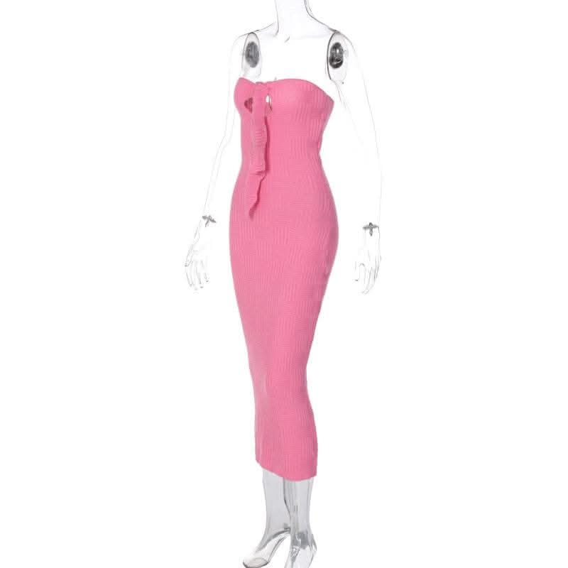 Hollow out knitted backless self tie solid textured tube cut out maxi dress-final-sale  | Festival Outfits Women