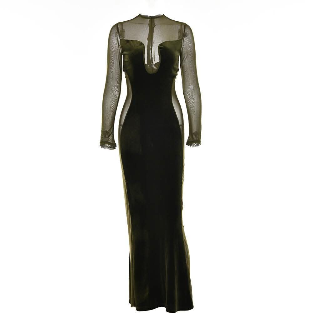 Long sleeve velvet mesh solid zip-up maxi dress-final-sale  | Festival Outfits Women