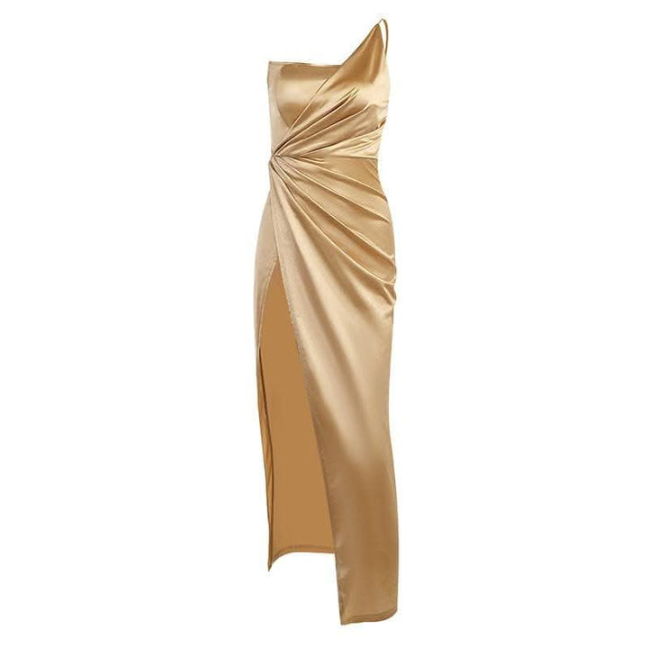 Sleeveless solid satin slit one shoulder ruched backless midi dress-final-sale  | Festival Outfits Women