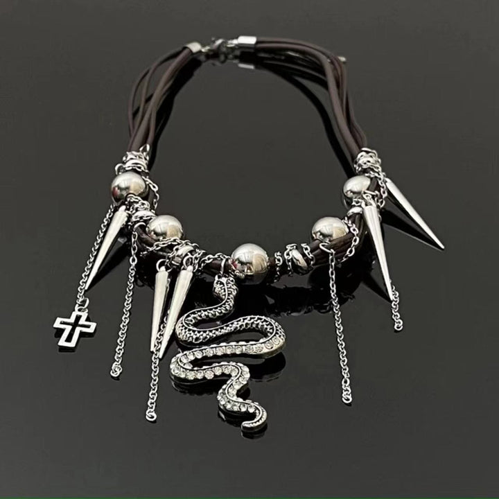 Snake PU leather beaded cross metal chain necklace  | Festival Outfits Women