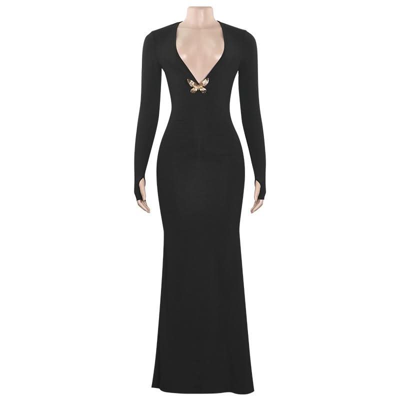 V neck long sleeve butterfly applique maxi dress-final-sale